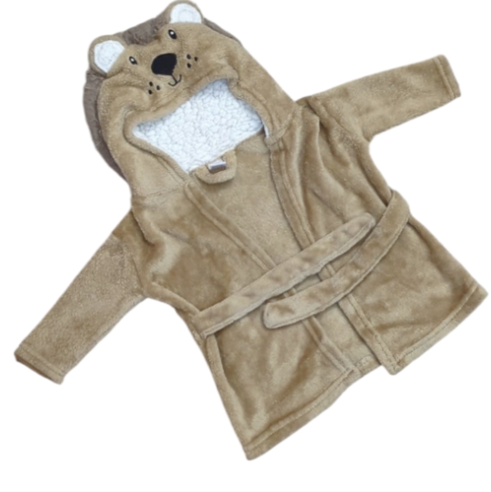 6/$15 Size 0-9M Tan Lion Plush Pajama Robe with Hood and Tie Belt